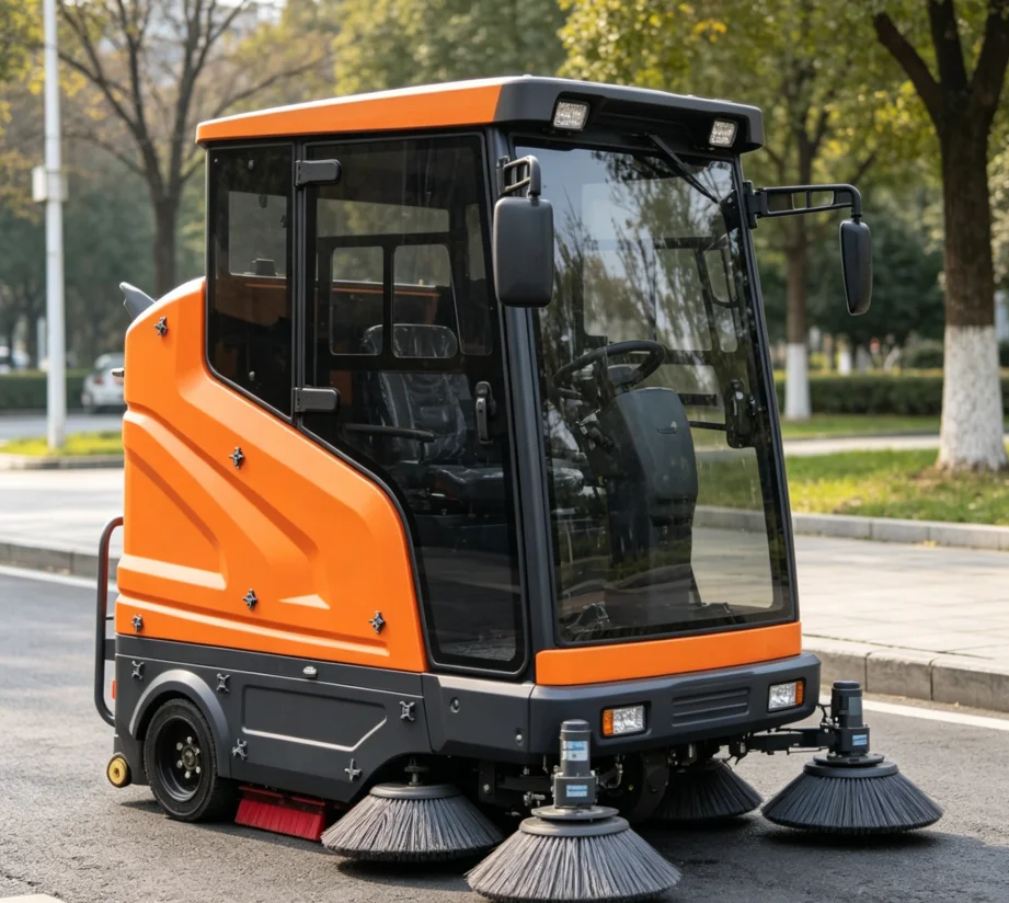 Customized Multifunctional Enclosed Cab Battery Driven Ride On All Terrain Road Sweeper Cleaning Equipmenteeper