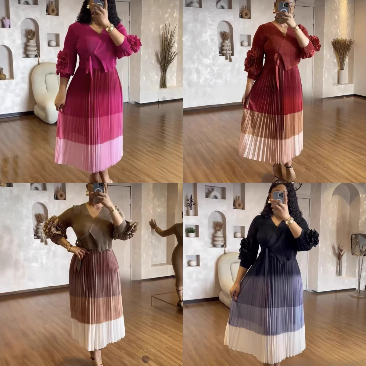 

Miyake Pleated 2025 New Arrival V-Neck Hand-Dyed Gradient Colour Fashionable Tie-Waist Plus Size Women's Pleated Dress Pleats