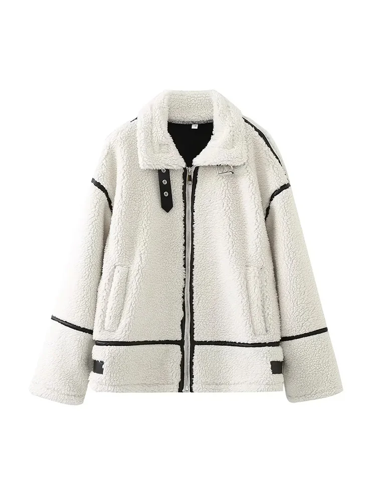 Foridol-Manteau surdimensionné en fausse fourrure blanche pour femme, veste de motard, poche, dame de bureau, vintage, automne, hiver