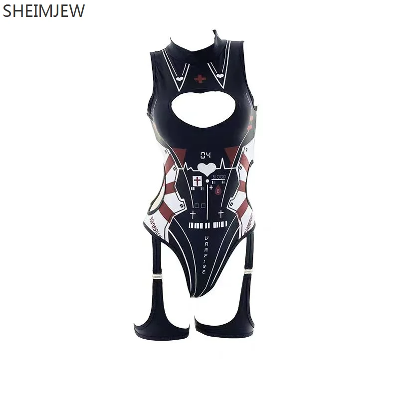 

Halloween Vampire Nurse Cosplay Costume Dark Devil Hollow Tight High-cut Jumpsuit Swimwear Cyberpunk Mechanical Print Swimsuit