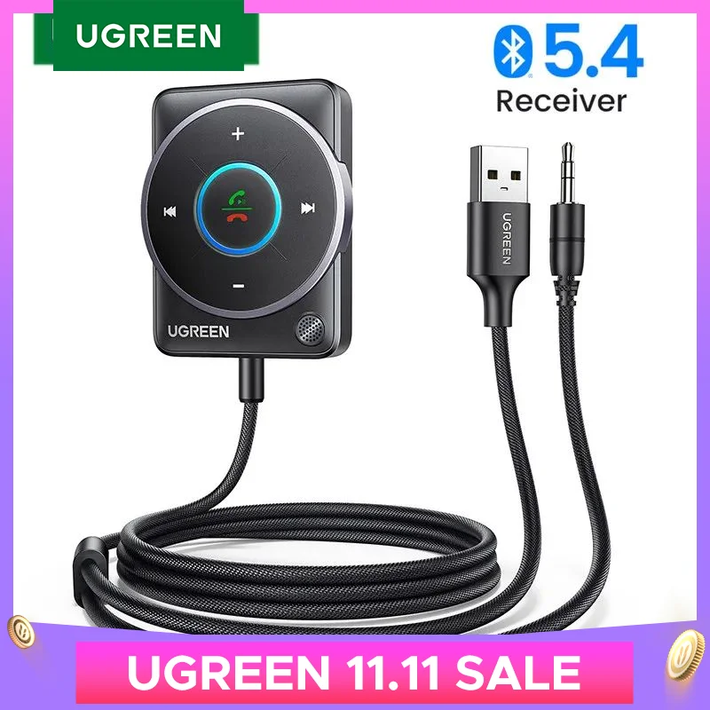 UGREEN USB Bluetooth 5.4 Car Receiver Adapter with Mics and Noise Cancellation, USB AUX Bluetooth Receiver Car Kit Stereo Audio