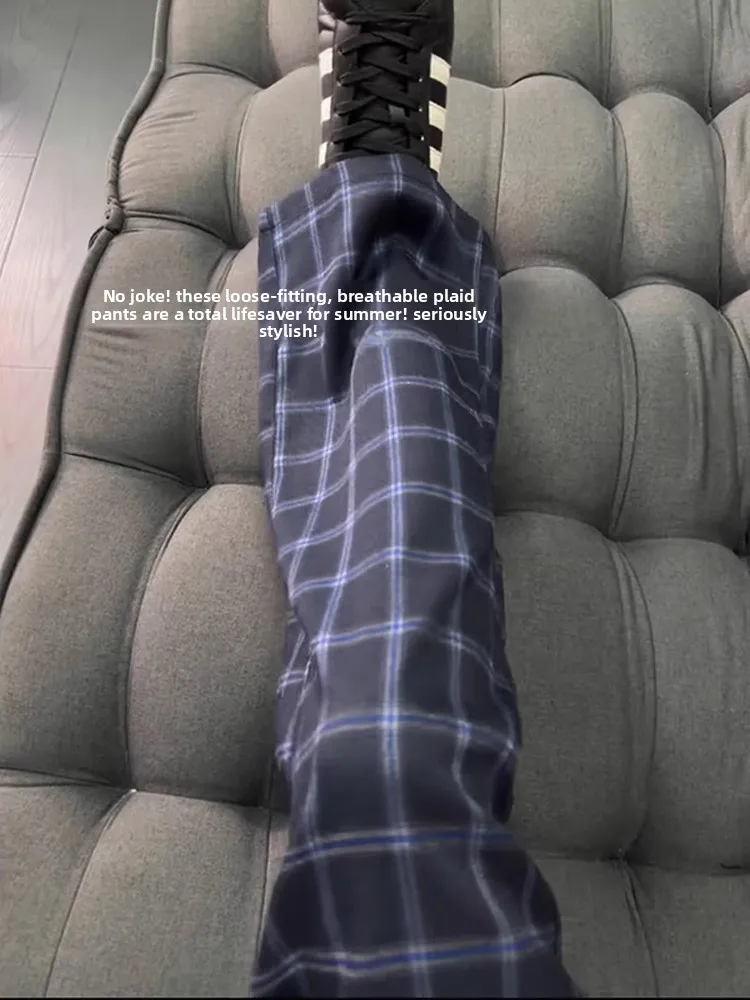 

Синие брюки в клетку из ледяного шелка, мужские брюки в американском стиле ретро с прямыми штанинами для похудения, расклешенные брюки, повседневные свободные брюки с низкой талией