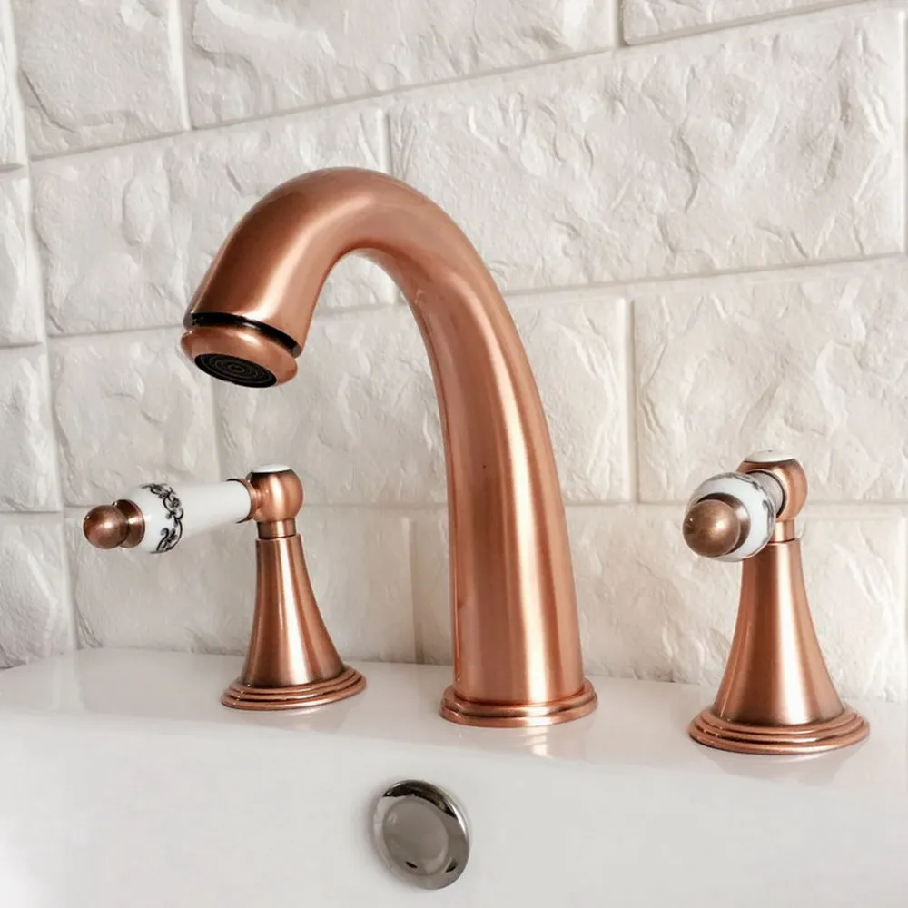 Red Copper Antique Bathroom Sink Faucet Widespread 3pcs Ceramics Handles Basin 3 Holes Mixer Tap Nrg037