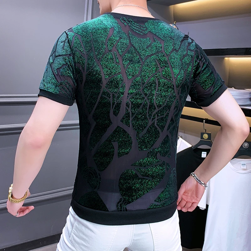 Bronzing Flocking Carving Luxury Slim Short Sleeved T Shirt Men Summer Quality Velvet Soft Comfortable Elastic Fashion Camisetas