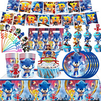 Cartoon Sonices Birthday Decoration Tableware Balloon Birthday Banner Stickers Cake Topper Baby Shower Supplies Kids Favor Gifts