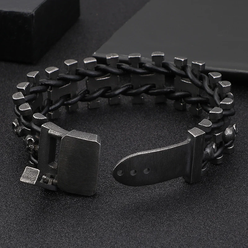 Vintage Domineering Skull Braided Leather Bracelet Trendy Charm Stainless Steel Biker Bracelet Punk Hip Hop Jewelry Dropshipping
