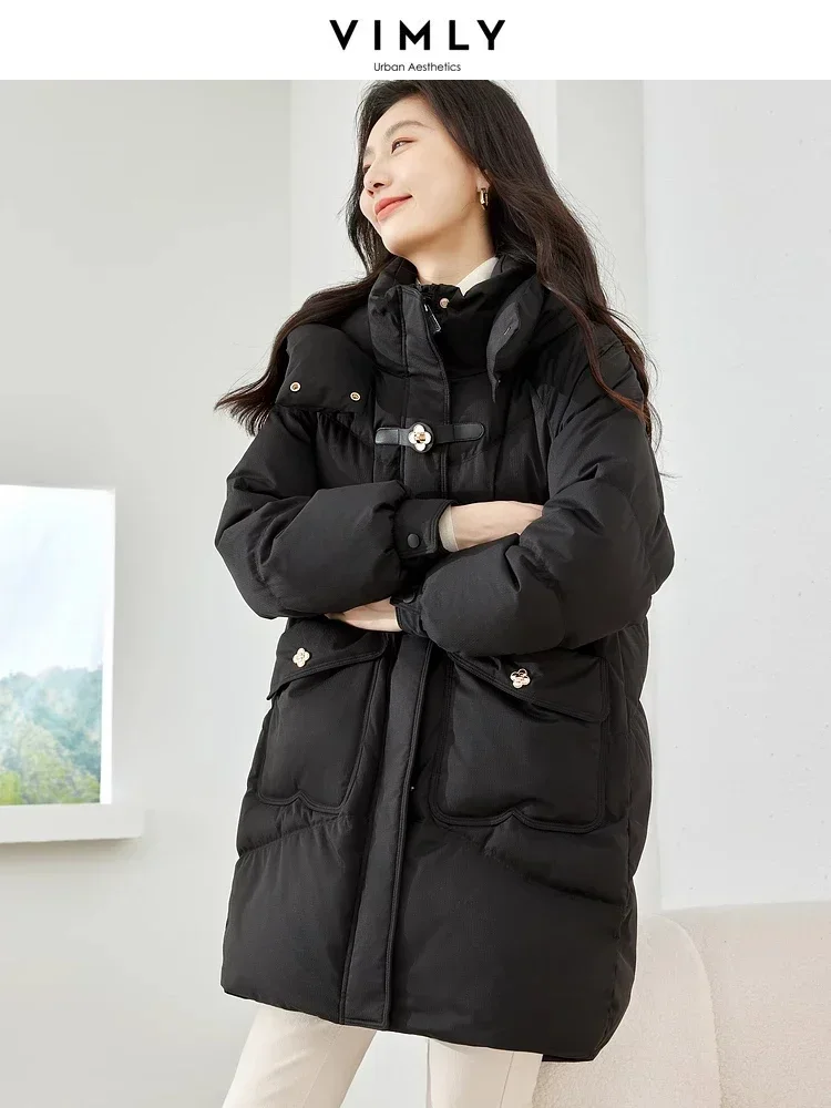 Vimly Women\'s Long Down Coat Puffer Jackets 2023 Winter Black Hooded Zipper Stand Collar Overcoats Female Warm Outwear 50698