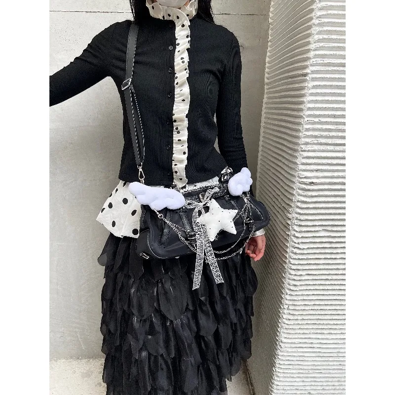 DoLife Store  Y2K Plush Wings Niche Chain Handbag Polka Dot Pentagram Lace Messenger Bag OOTD