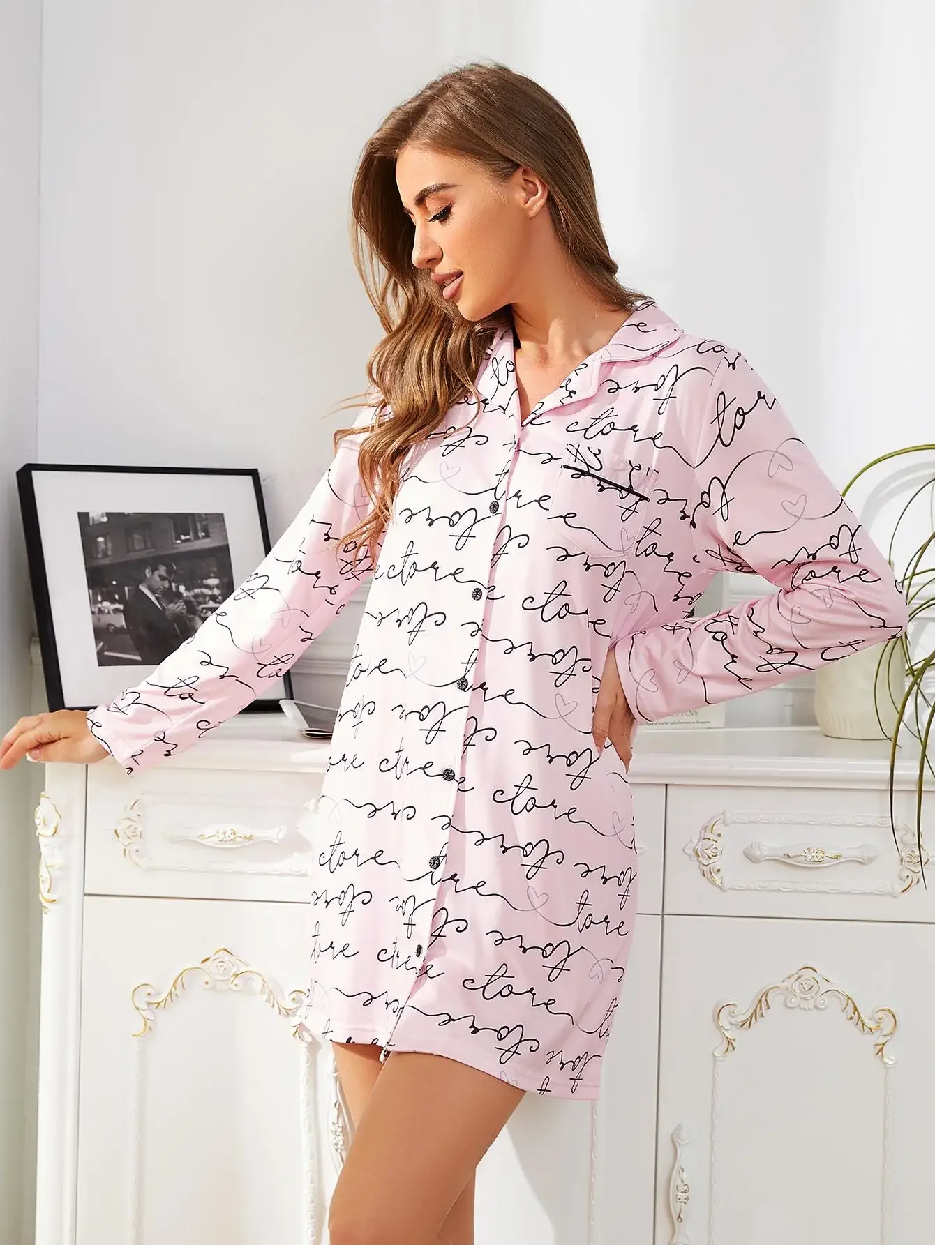 Letter Print Women\'s Nightgown Boy Friend Nightwear Shirt Long Sleeves Front Button Sleepwear Notched Collar Homewear Suit Cloth