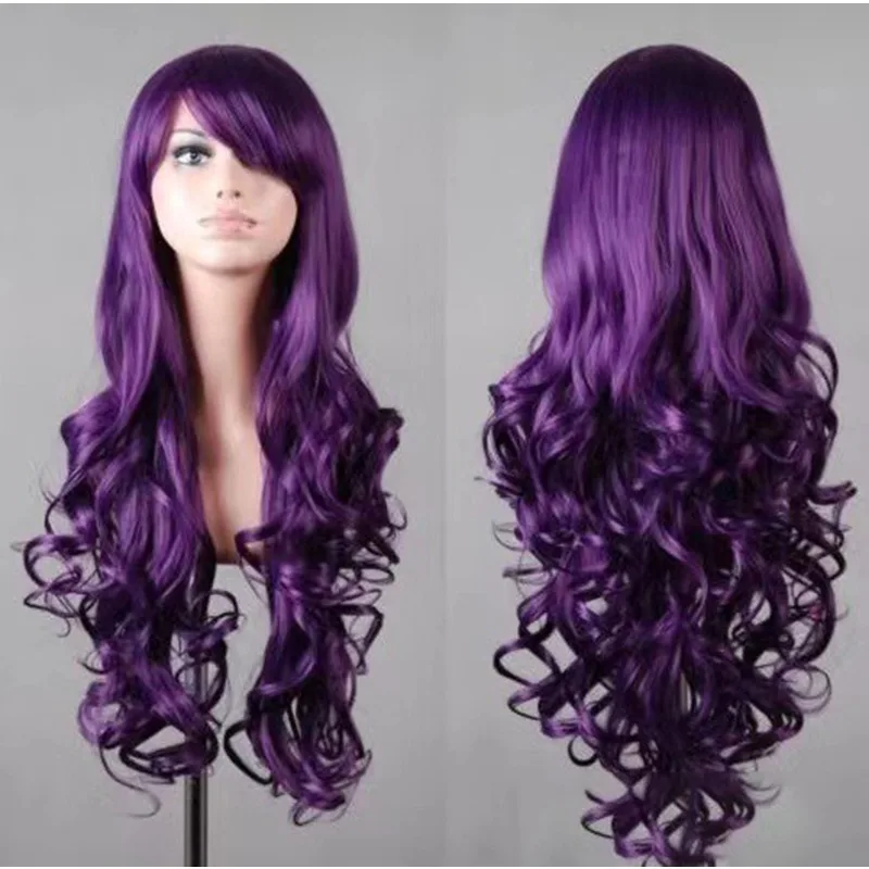 Wig Cosplay Anime Warna-warni Rambut Manusia Panjang Keriting Bergelombang Gaya Euramerika untuk Wanita, Wig Rambut Sutra Tahan Panas untuk Pemakaian Sehari-hari
