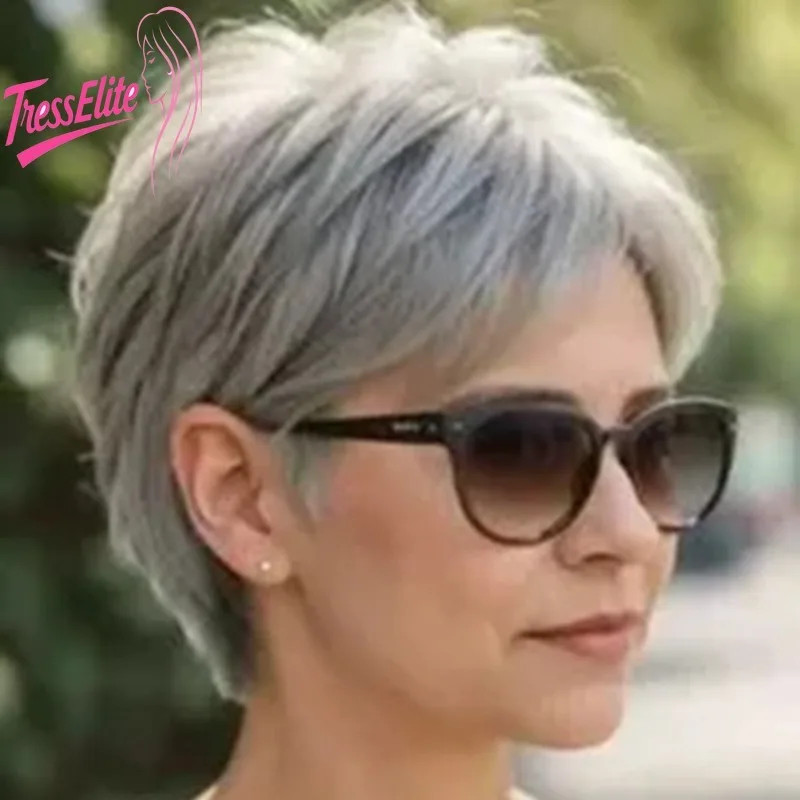Hellgraue, kurze, glatte Echthaar-Perücke, 6 Zoll, 180 % Dichte, brasilianisches Virgin-Remy-Haar für Frauen, geeignet für den täglichen Gebrauch