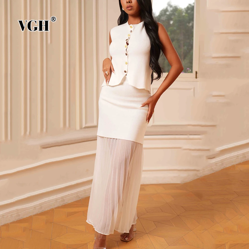 

VGH Elegant Solid Two Piece Sets For Women Round Neck Sleeveless Spliced Button Top High Waist Draped Long Skirt Chic Set Female