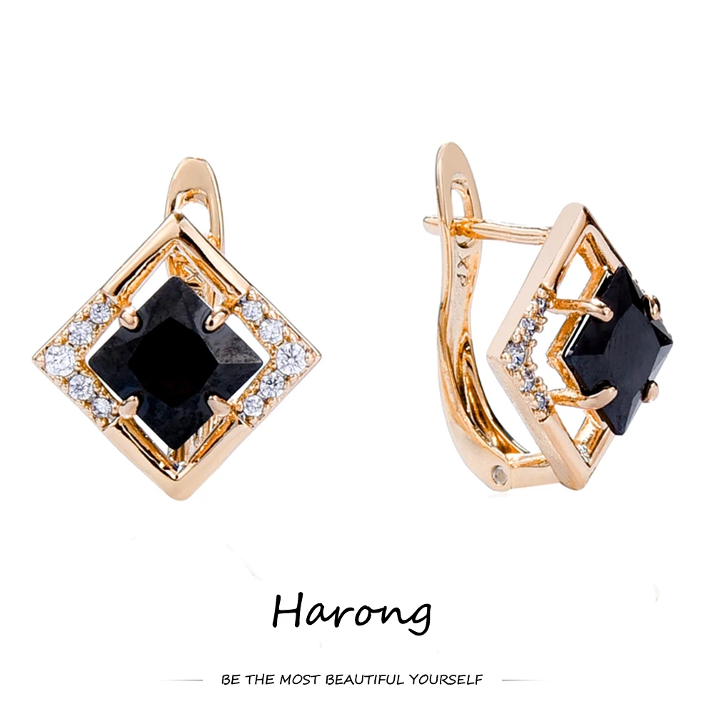 Harong Zircon Crystal Rhombus Stud Earrings Small Cute Rose Gold Color Copper Metal Aesthetic Jewelry Earring for Girls Women