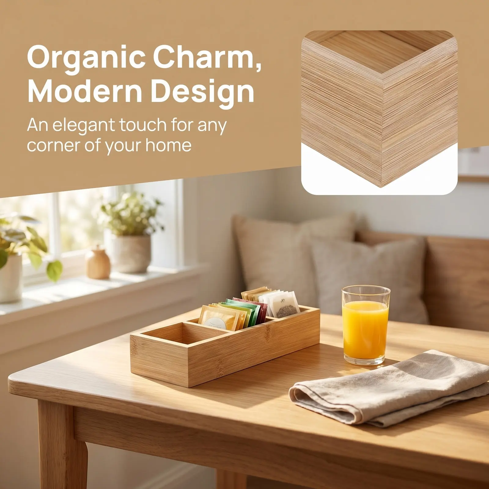 Wood Tea Bag Organizer Box 11x4x1.8in Bamboo 3-Compartment Coffee Station Countertop Sugar Packet Holder Tea Storage Organizer view 3