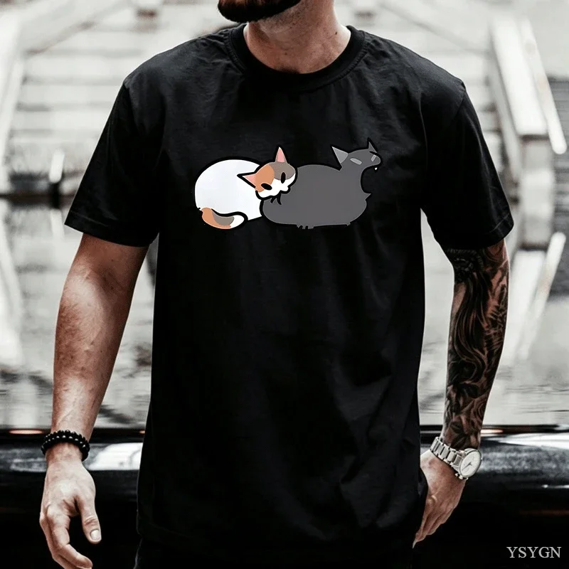Sweet Two Cats Heart Cartoon Graphic Mens Crew Neck T Shirt Cute Pet Print Short Sleeve Casual Cotton Daily Street Tops