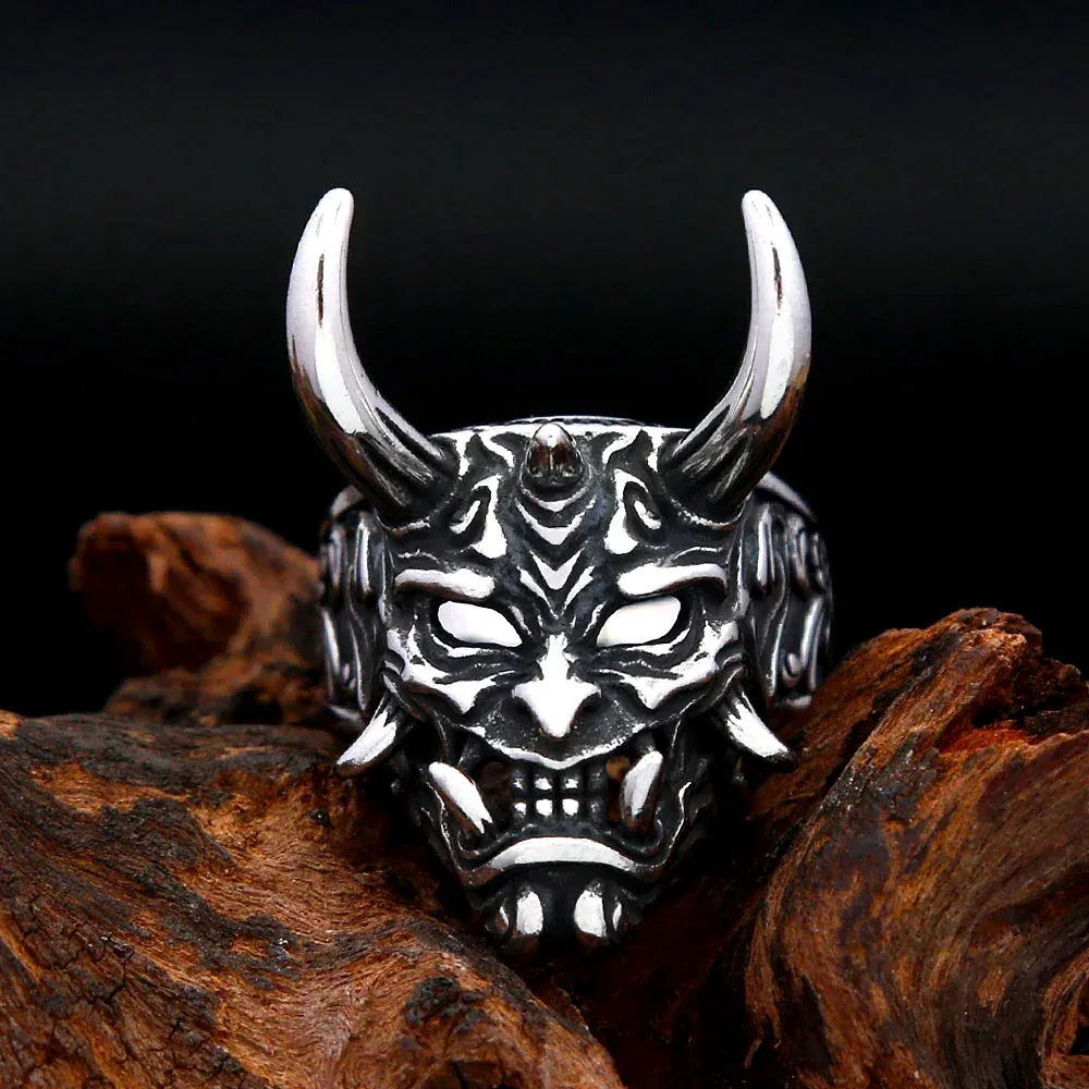 Vintage Gothic Floral Skull Mask Ring Stainless Steel Punk Horn Demon Band For Men Unique Motorcycle Gothic Amulet Jewelry