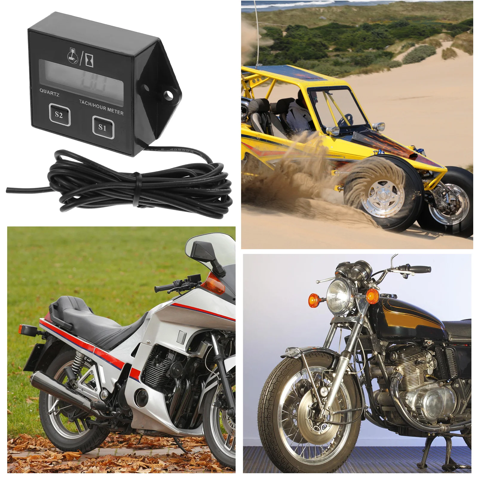 

1Pcs Portable LCD Display Digital Tachometer Spark Plugs Tach Hour Meter for Motorcycle Atv Boat Generator Black