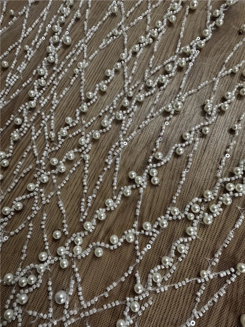 High Quality Hand Sew Pearls  Off White Unique Wedding Dress Embroidery Beaded Sequins Lace Fabric Sell By 1 Yard