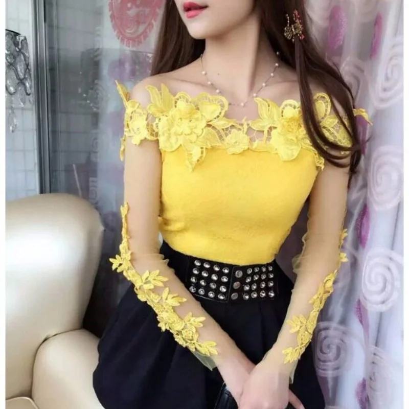 

2026 Spring Summer Women Shirt Sweet Embroidery Floral Lace Blouse Long Sleeve Slash Neck Mesh Blouses Ladies Short Blusas Tops