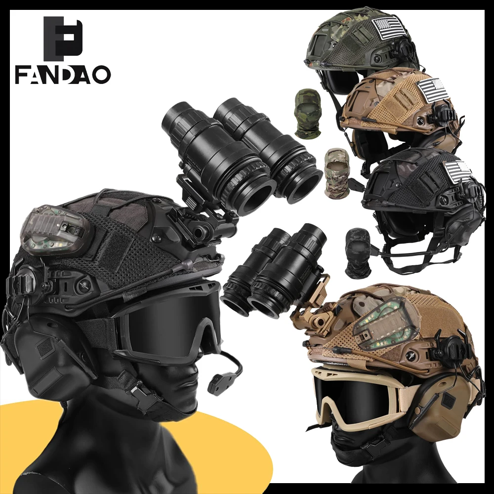 مجموعة خوذة تكتيكية خوذة حماية سريعة قابلة للتعديل مع نظارات سماعة الرأس وأضواء الإشارة ونماذج NVG لـ CS Cosplay Airsoft Gear