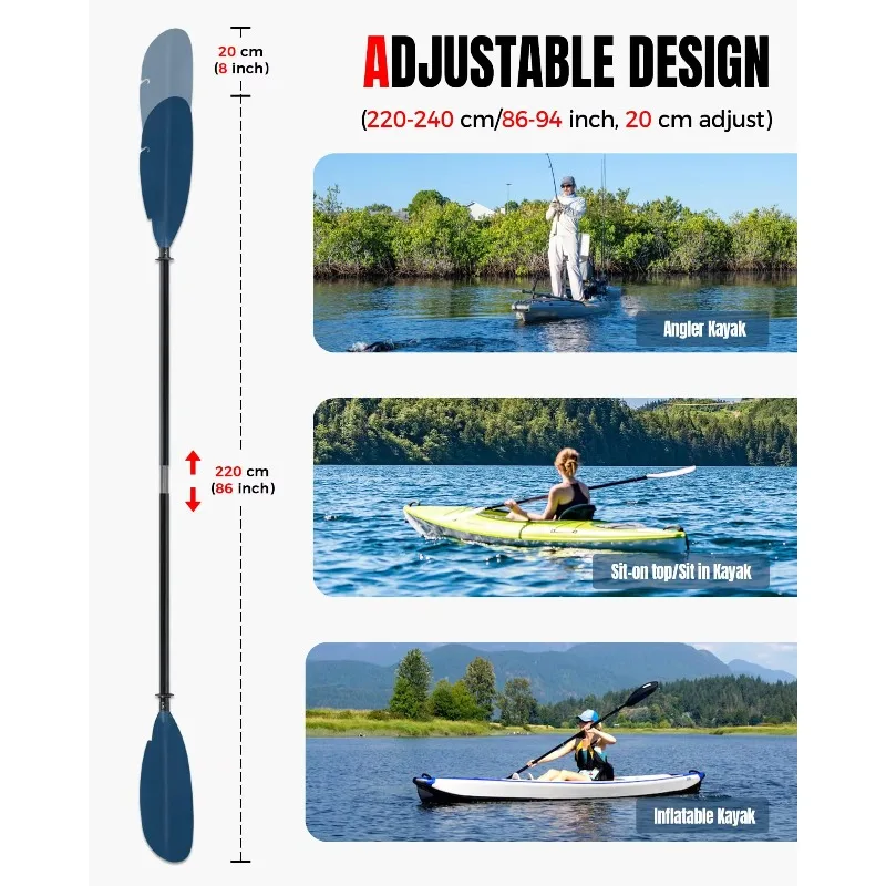 Adjustable Floating Fiberglass SUP and Kayak Paddle 220-240cm Lightweight Foldable for Canoe Water Sports