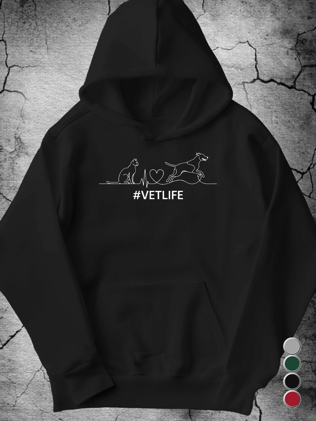 Vetlife Vet-Themed Hoodie with Cat & Dog Heartbeat Line Art & #Vetlife Logo - Grey Loose-Fit Hooded Sweatshirt
