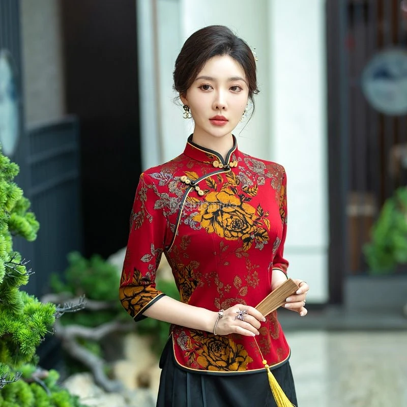 

2025 new chinese improved national retro style traditional cheongsam blouse spring stand collar half sleeve slimming qipao top