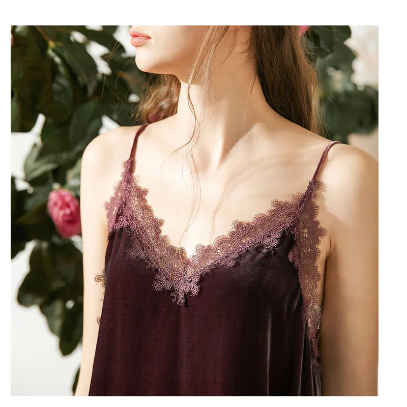 Fengbaoyu-Silk Velvet V-Collar Suspender Dress, French Lace Decorated, Garnet Dress, Spring and Autumn,Casual Dresses