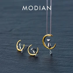 Modian Real 925 Sterling Silver Gold Color Animal Cat Sets Charm Stud Earrings For Women Fashion Necklace Pendant Party Jewelry