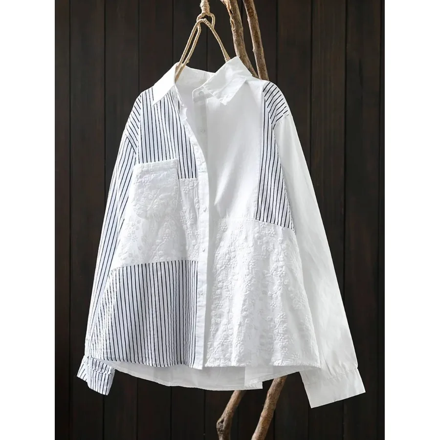 

Embroidered Floral Pure Cotton Striped Women's Shirt Long Sleeve Loose Fit Breathable Casual Style Autumn New Arrival White