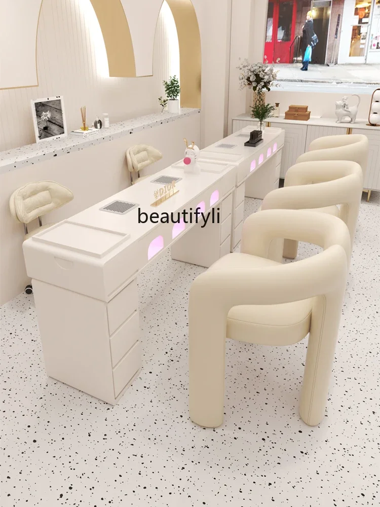 Cream Style Nail Table and Chair Suit Comes with Heating Lamp Vacuum Cleaner Socket Nail Table Stain-Resistant Non-Leaking Gray