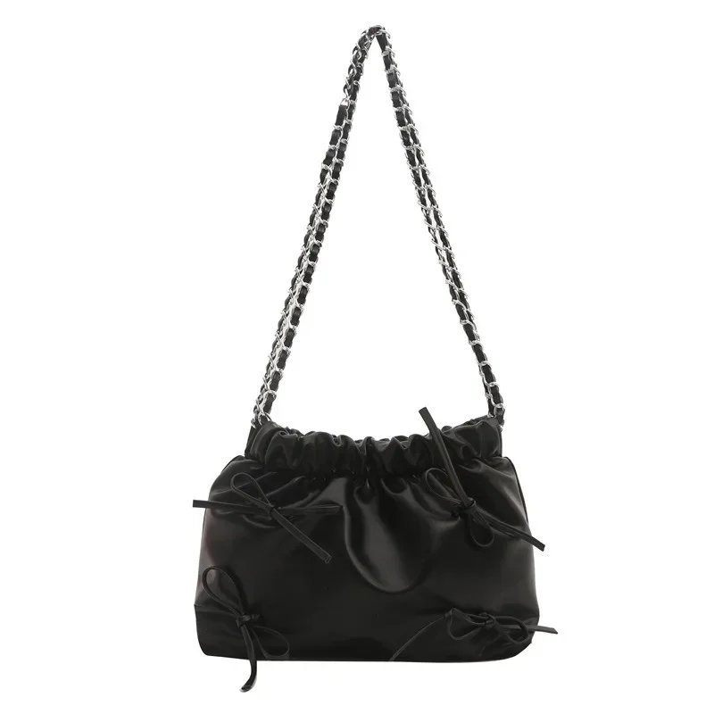 Korean Chic Sweet Shoulder Bag for Girl  Casual Cute Fashion Bow Solid Color Bucket Bag Commuter School Girl Tote HandBag image 6