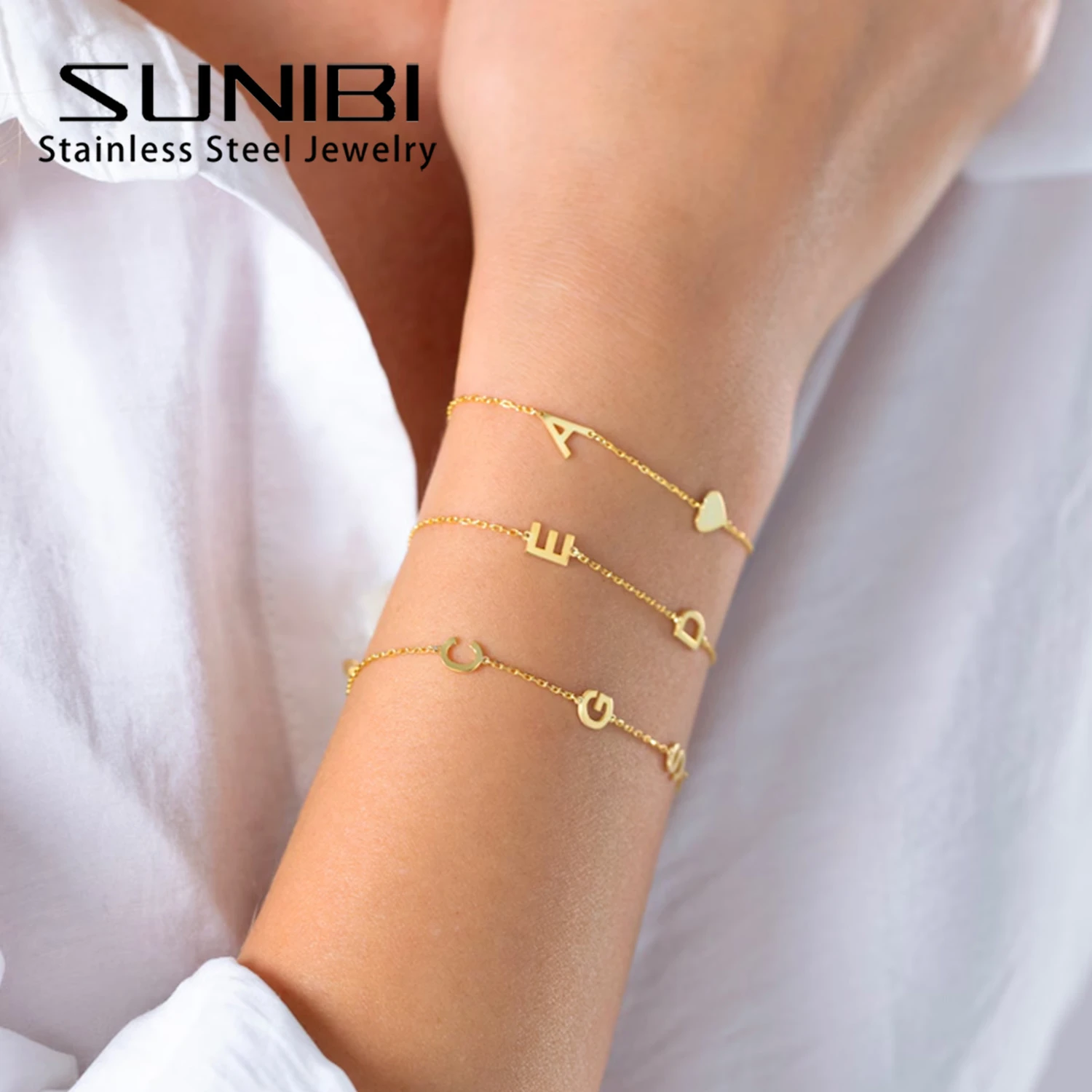 

SUNIBI Customized Name Bracelet Stainless Steel for Women Girls Gold Color Chain Letter Personalized Charm Bracelets Jewelry