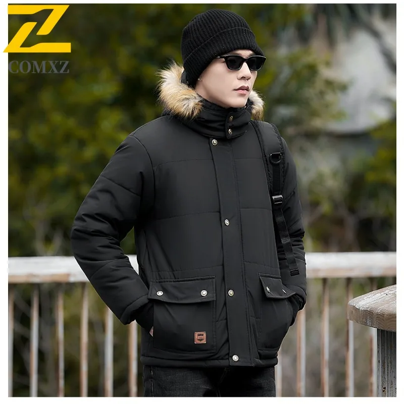 سترة شتوية بغطاء للرأس للرجال مع زخرفة من الفرو وبطانة من الصوف السميك مقاومة للماء ومضادة للرياح معطف حراري فضفاض مناسب للخروج سترة غير رسمية #3