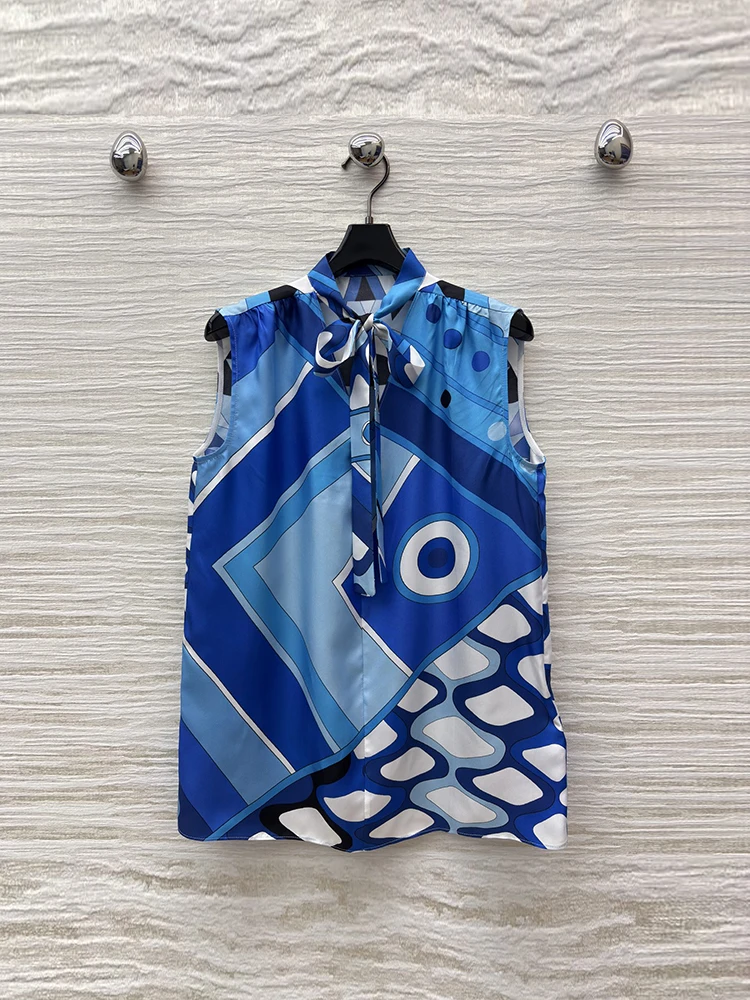 Summer Fashion Outdoors Geometric Pattern Print Loose Casual Blouses Women's Bow Tie Sleeveless Straight Barrel Pullover Shirt