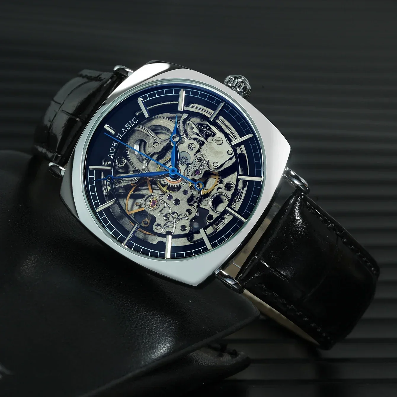 

Clean 3135 Movement Men Watch Automatic Mechanical Stainless Steel AOKULASIC Vintage Square Skeleton Automatic Mechanical Watch