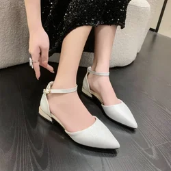 Fashion Low Heels Pointed Toe Simple Women Shoes Pumps Word Buckle Hollow Single Shoes Pointed Toe Thick with Shoes for Women