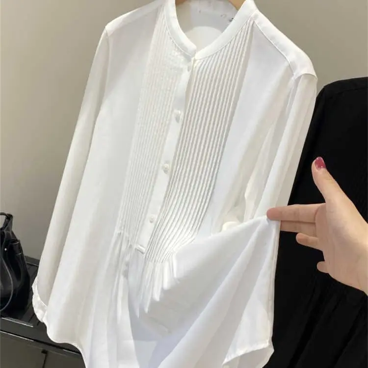 

Wrinkle Design Feels Soft Simple Solid Color Versatile Commuter Shirt Women's Round Neck Loose Top