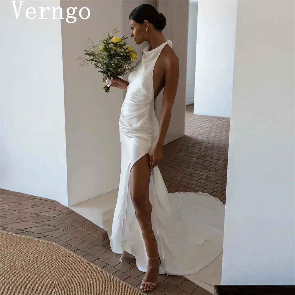 Verngo-vestidos de novia de sirena con cuello Halter, traje ridal sin mangas con abertura lateral, vestido Formal para ocasiones, vestido de novia