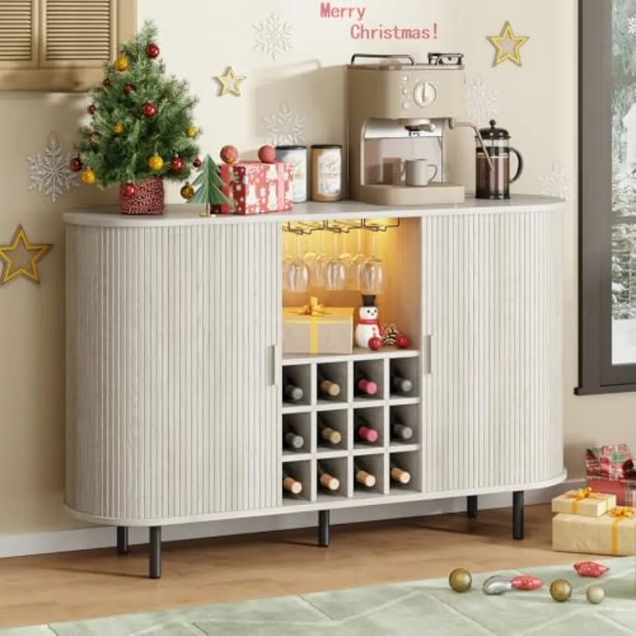 Fluted Wine Bar Cabinet with LED Light White