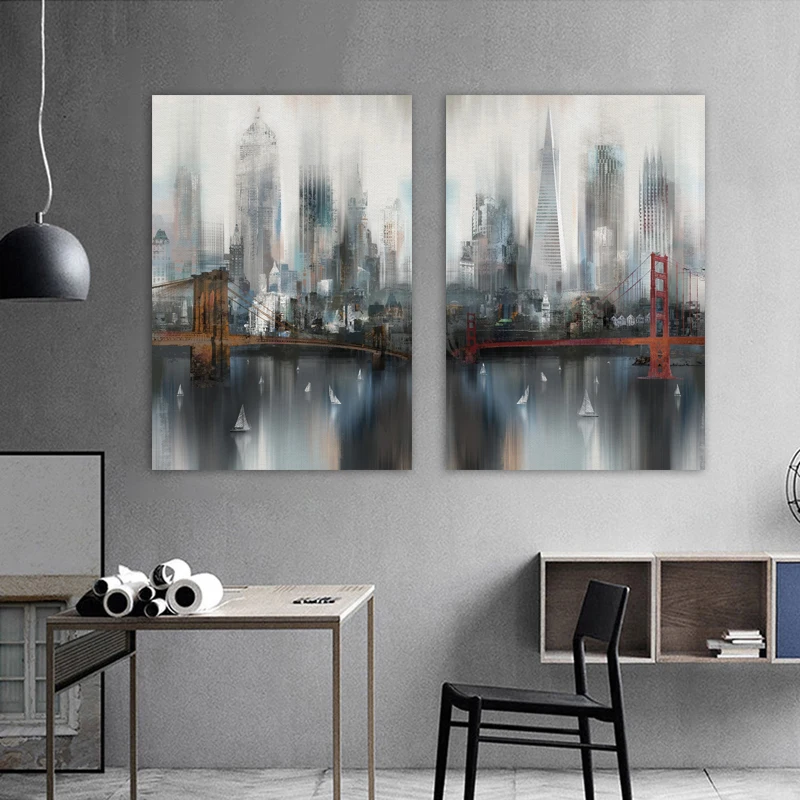 Cityscape Posters Bridge Building Wall Picture Boat Landscape Canvas Painting for Living Room Modern Home Decoration No Frame