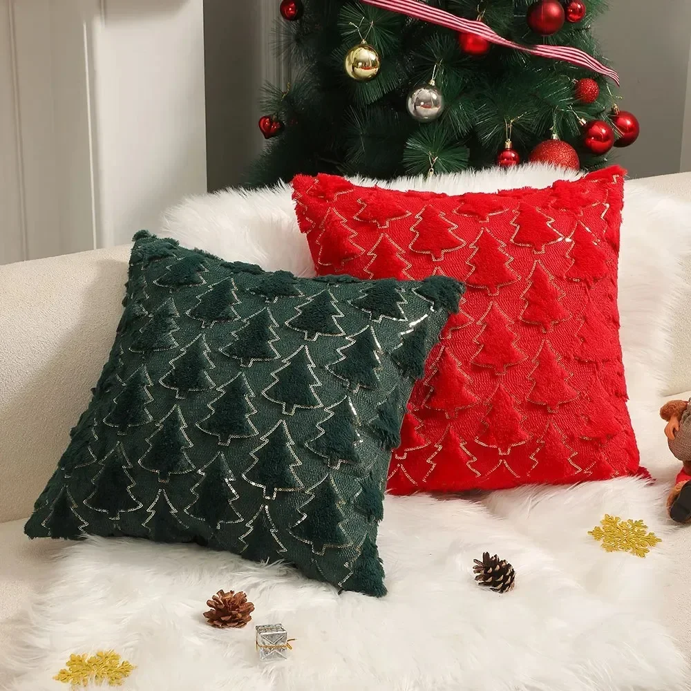 Plush Decorative Cushion Cover Soft Home Decor Christmas Living Room Sofa Throw Pillow Cover Red Embroidered Pillowcase 45x45