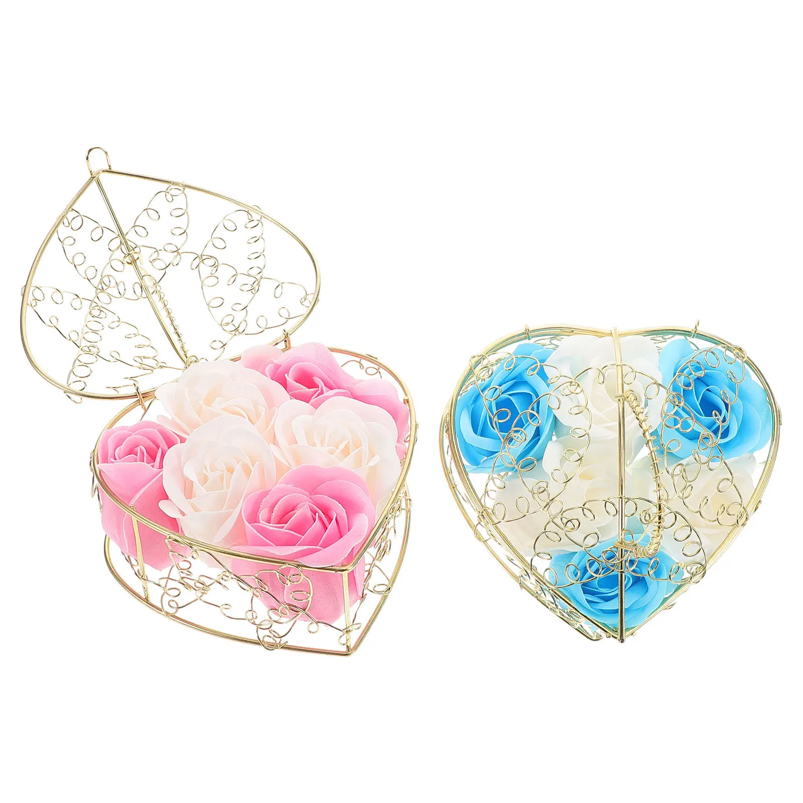 2 قطعة صابون مقلد زهور الورد في سلة حديدية على شكل قلب زهرة ديكور صابون حمام معطر بالزهور للحمام ديكور المنزل هدية #6