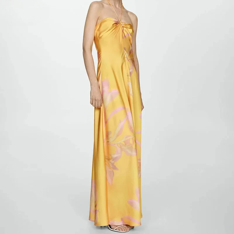 

2025 summer new yellow printed satin dress sleeveless hanging neck backless long skirt sexy style Fashion and Comfort dresses