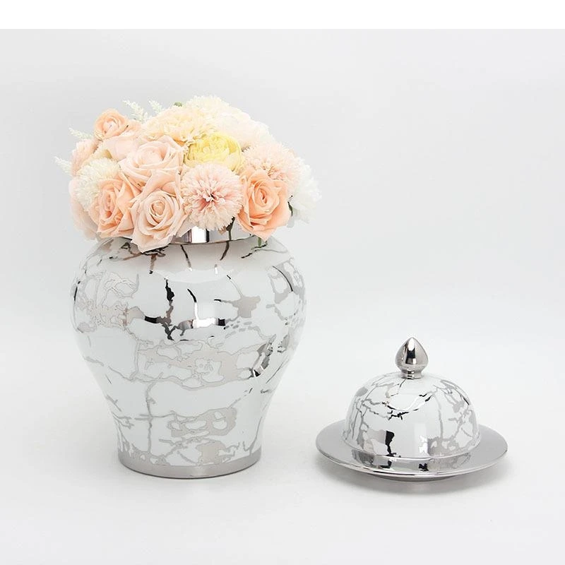 Silver-plated Marble Texture Ceramic General Jar Ginger Jars Storage Cosmetic Containers Artificial Flowers Floral Vase