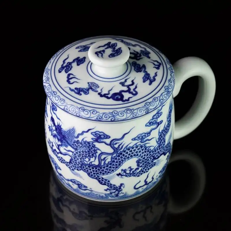 Holy Mountain Jingdezhen Hand-Painted Blue And White Double Dragon Boss Gift For Drinking Ceramic Office Tea Cup