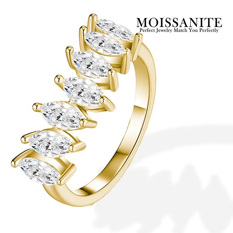 

2.1 CTW Marquise Cut Moissanite Ring 925 Sterling Silver 18K Gold Plated Five Stone Band D Color VVS1 Comes with GRA Certificate
