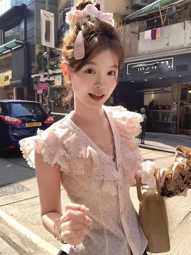 Y2k estética doce bolinhas blusa feminina vintage único breasted blusas rendas retalhos fada verão feifei mangas grunge topos