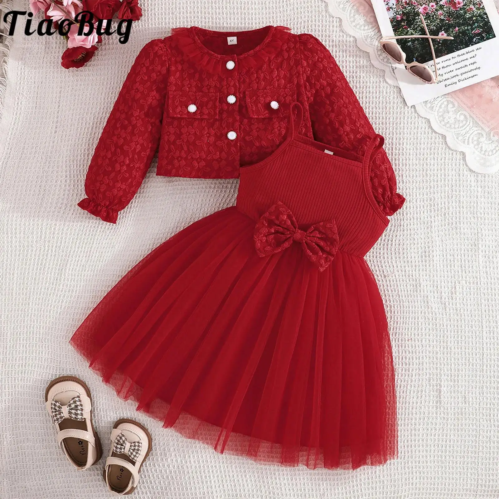 

Одежда для маленьких девочек, тюлевое платье на бретельках с бантом и милым цветочным узором, пальто-кардиган на Рождество, день рождения