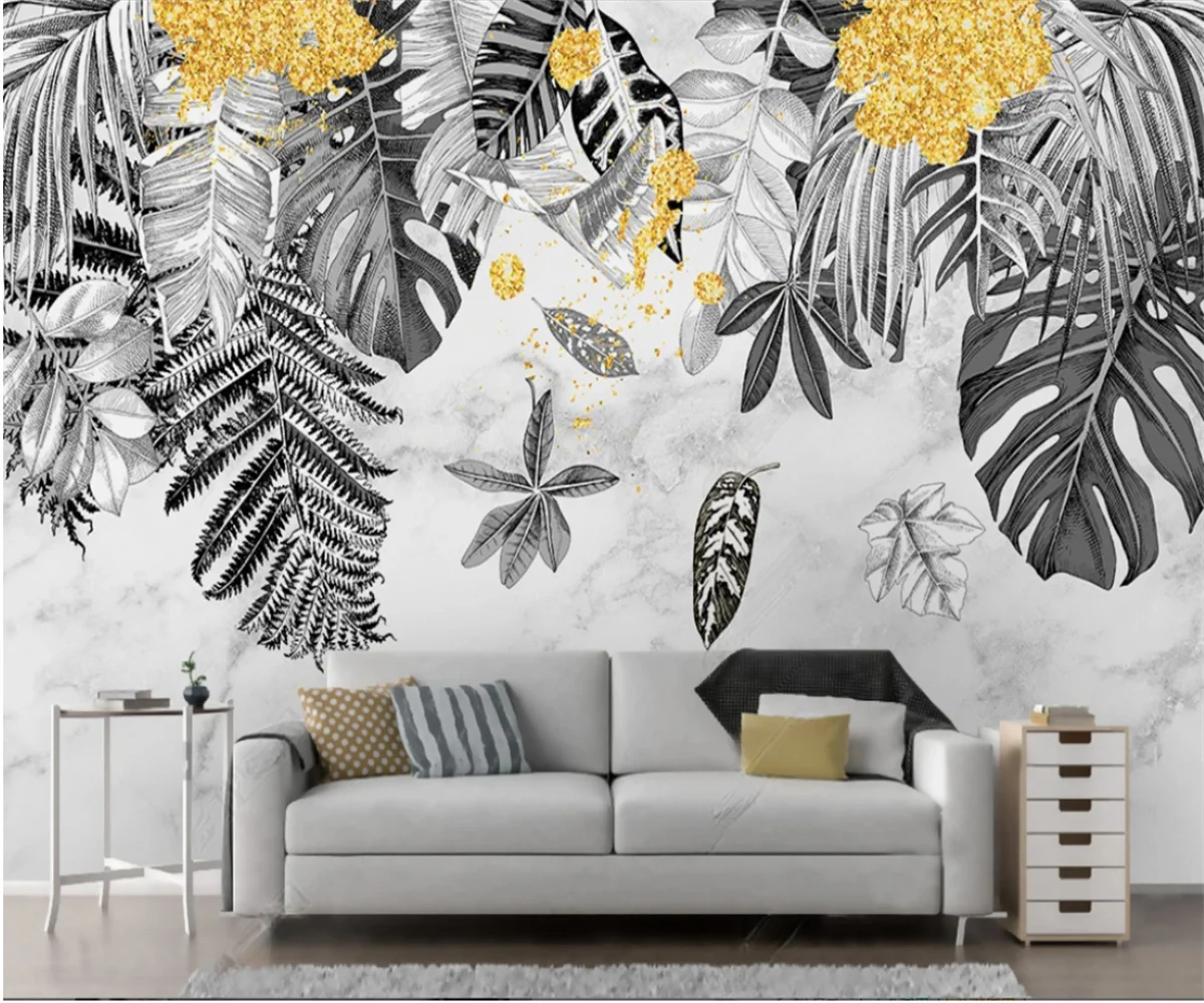 Customized size mural hand-painted Nordic palm tree decoration painting tropical rainforest plant leaves painting 3d wallpaper